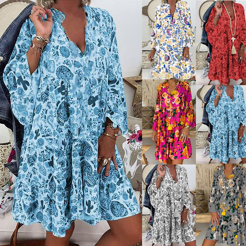Floral Print 3/4 Sleeve Ruffle A-Line Dress V-Neck Loose Fit