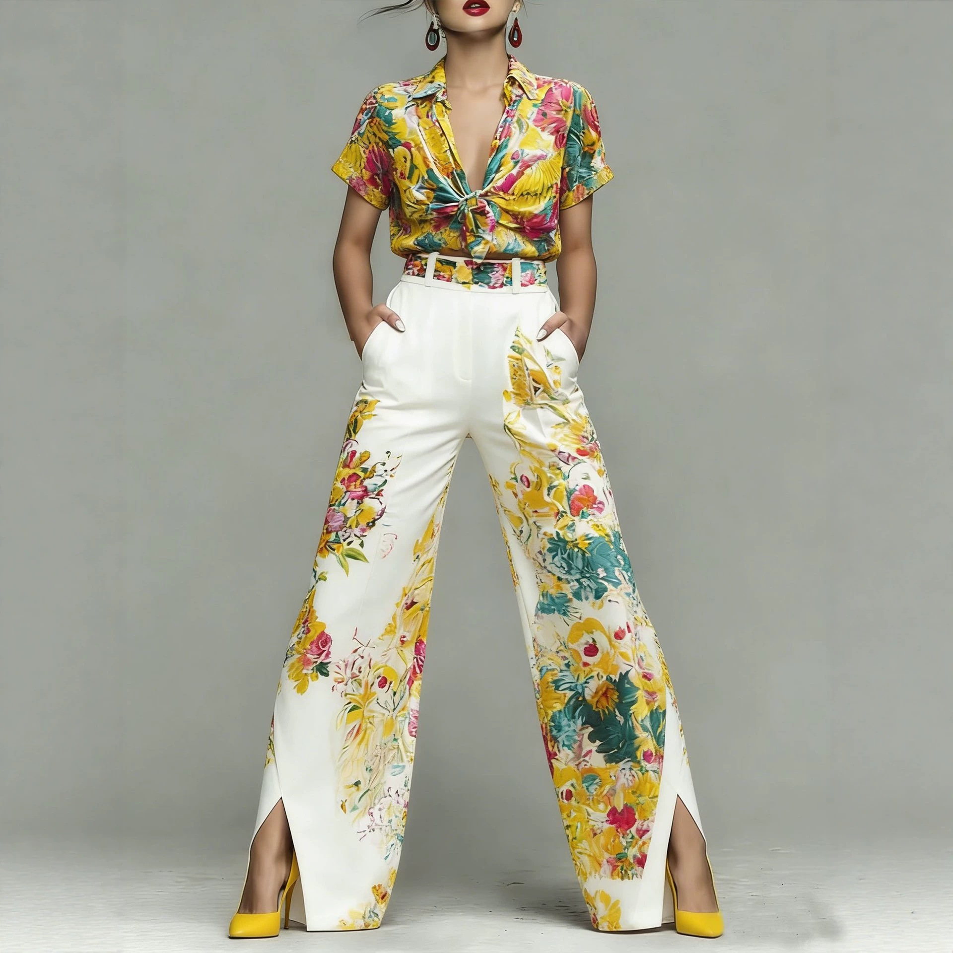 Women's Floral Print Knot Shirt and Pants Two-Piece Set
