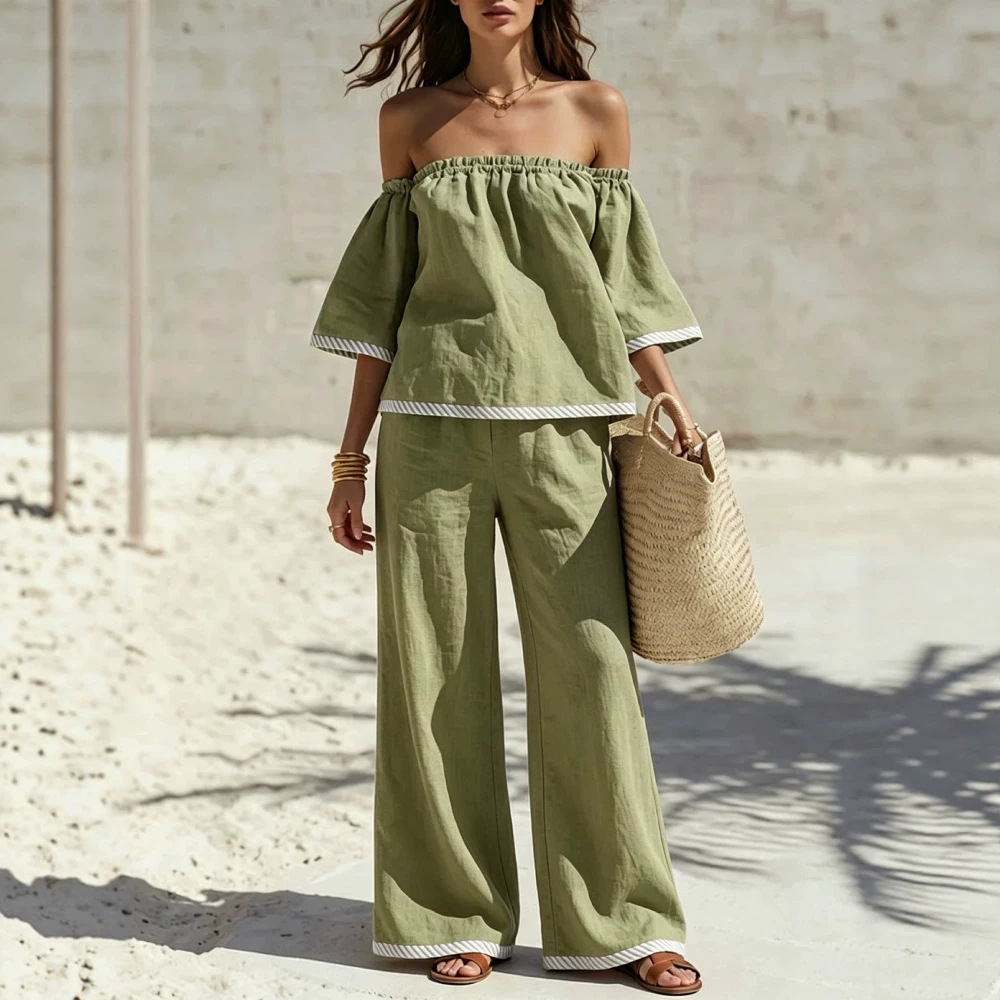 Off-Shoulder Top and Wide-Leg Pants Two-Piece Set