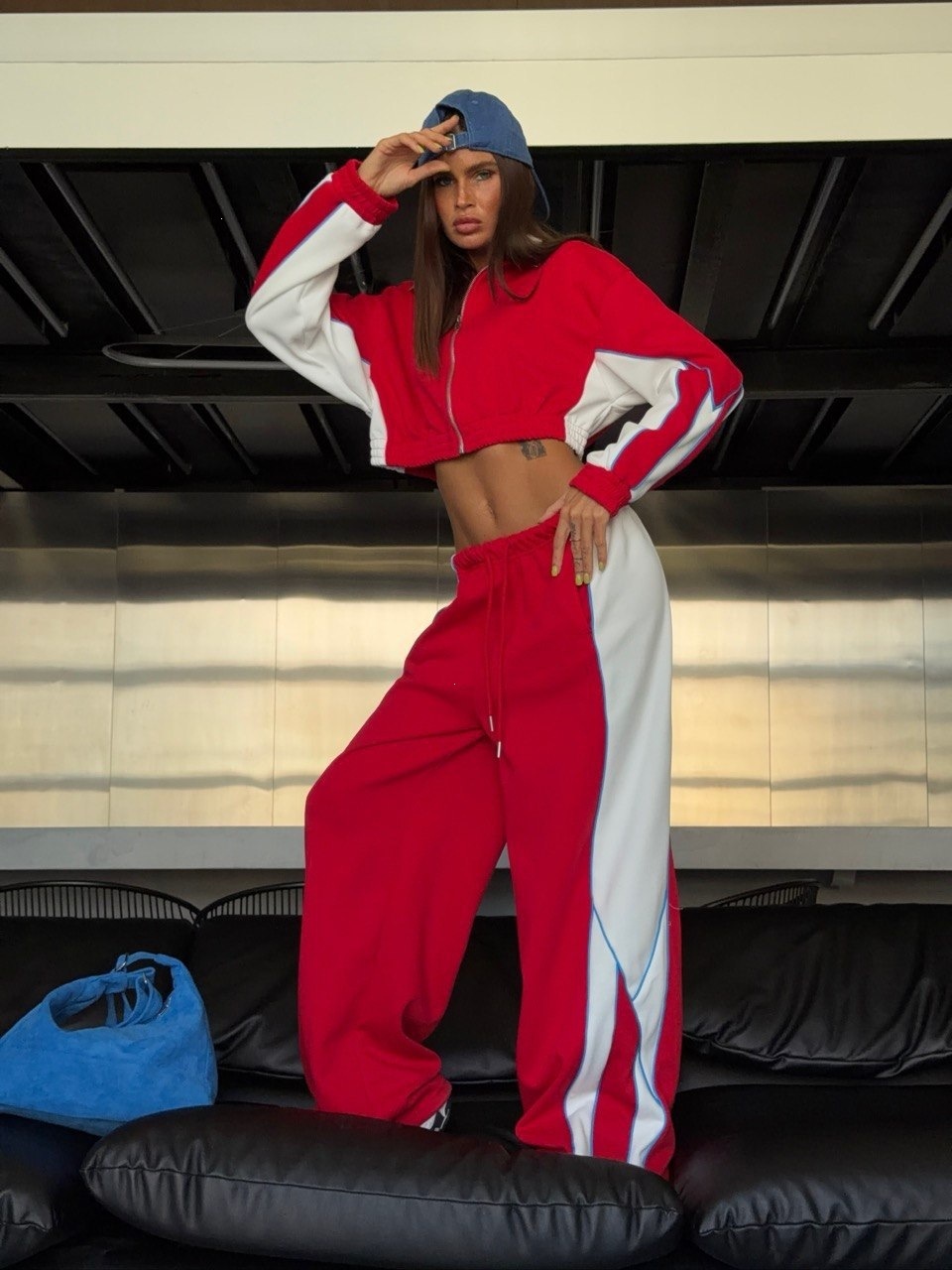 Women's Color-Block Zip-Up Short Jacket & Wide-Leg Pants Set