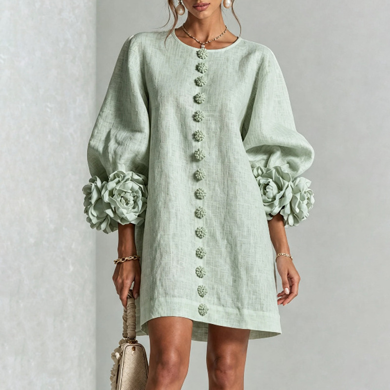 Women's French Style 3D Floral Lantern Sleeve Dress