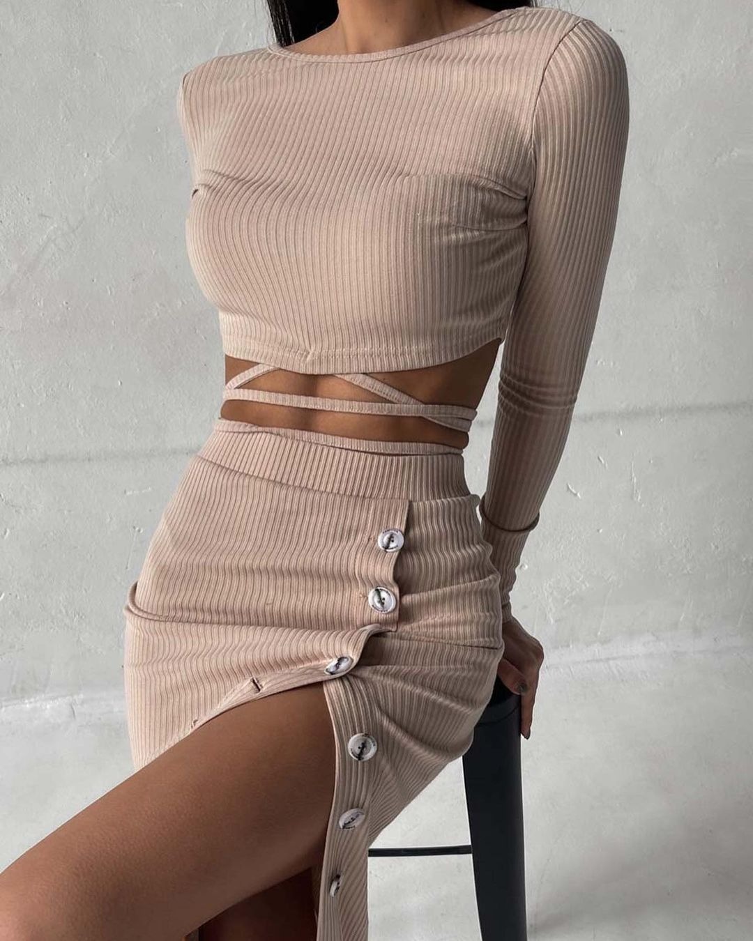 Women's Cropped Knit Two-Piece Dress Set with Slit Bodycon Midi Skirt