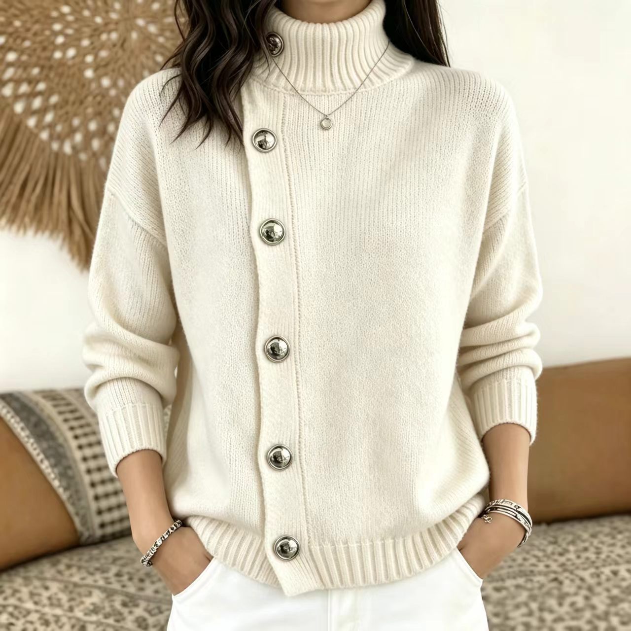Metal Button Solid Color Loose Turtleneck Sweater