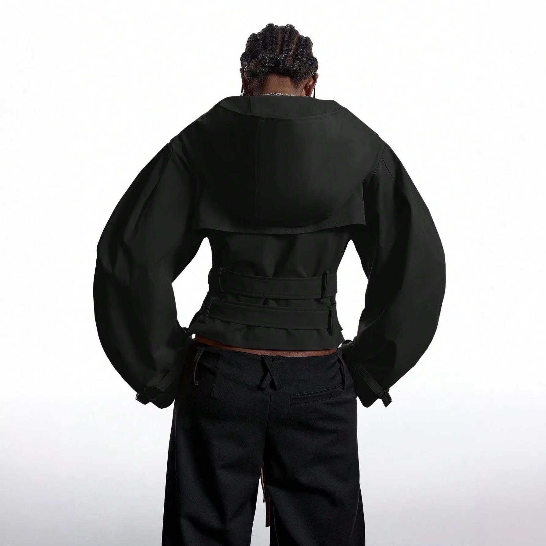 Women's Double-Breasted Cinched Waist Jacket with Large Lapel
