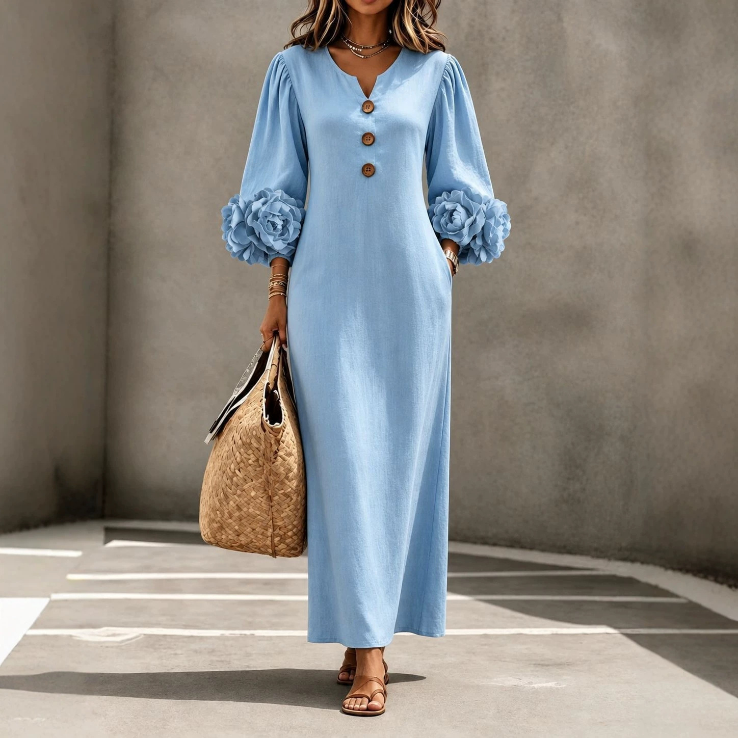 V-Neck 3D Floral Lantern Sleeve A-Line Maxi Dress