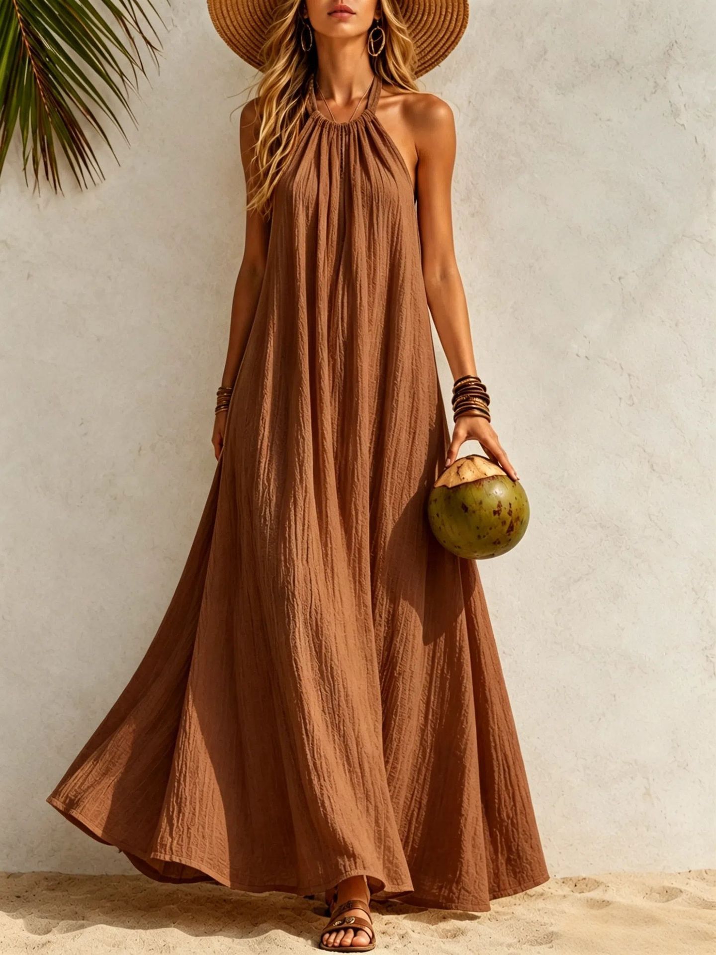 Women's Halter Neck Maxi Dress Loose A-Line Boho Beach Vacation Dress
