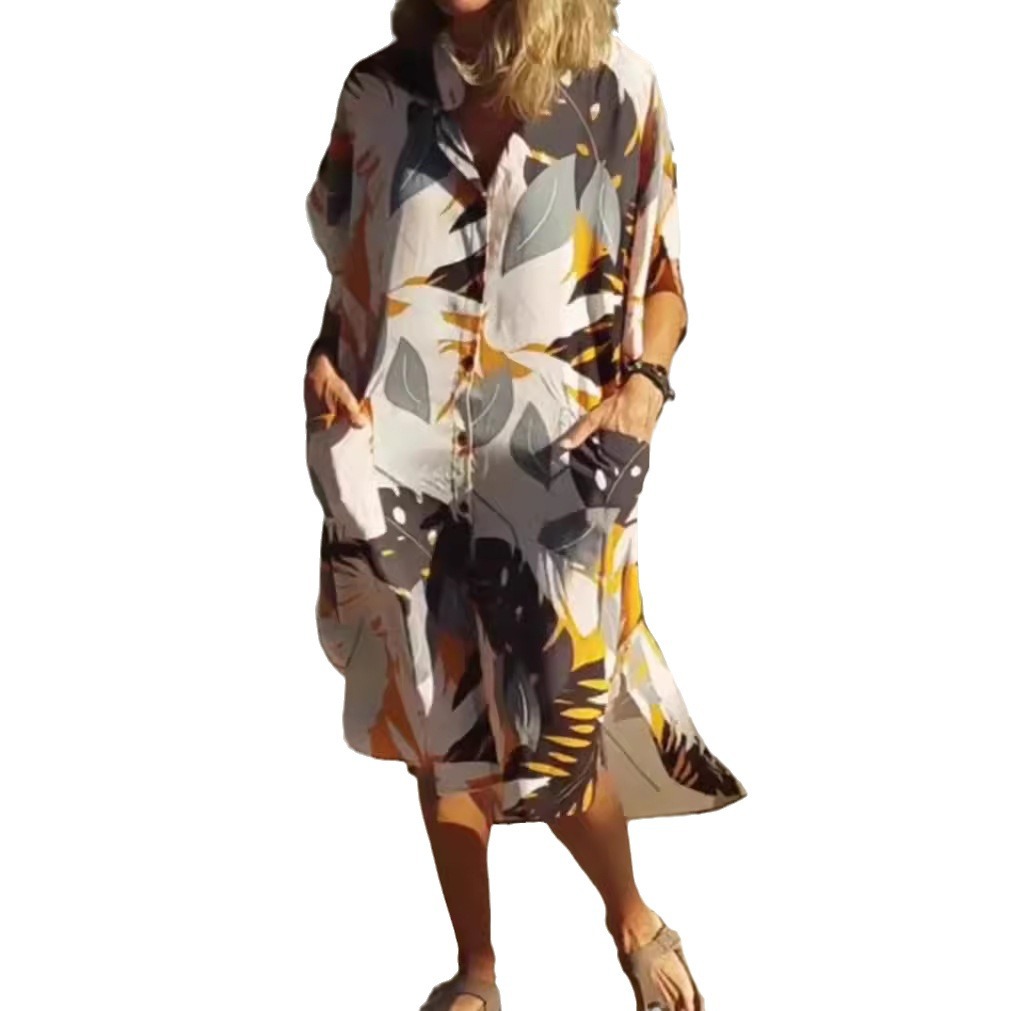 Maple Print Button-Front Midi Dress with Pockets