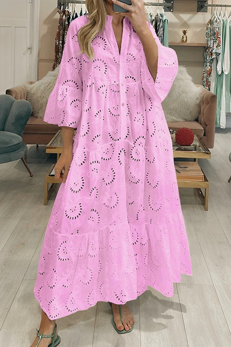 V-Neck Bell Sleeve Lace Hollow Out Solid Long Dress