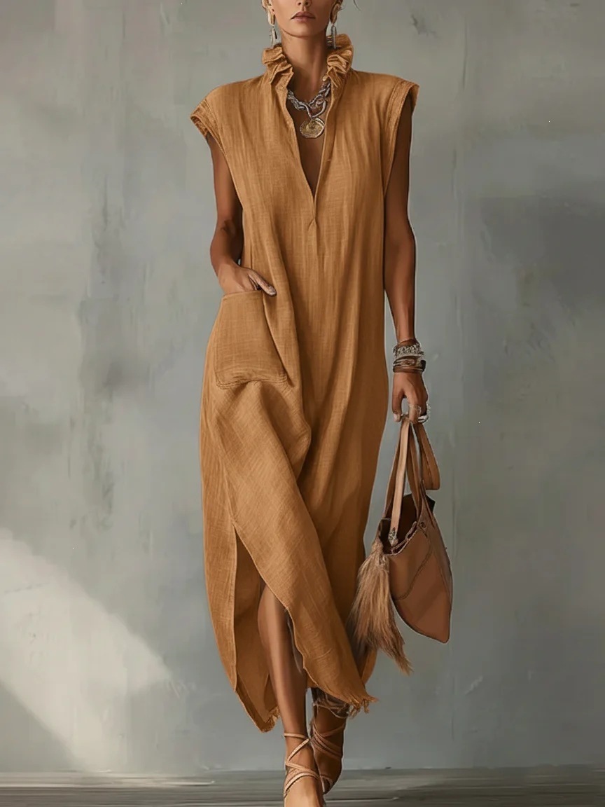 Women's Summer Sleeveless V-Neck Cotton-Linen Dress Loose A-Line Midi