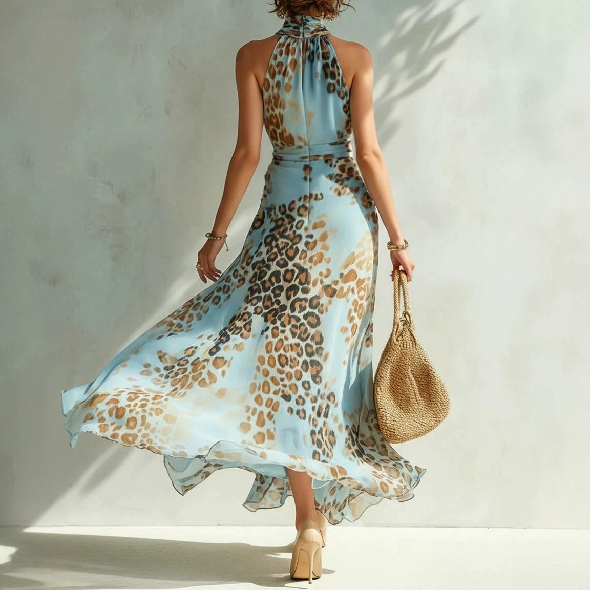Leopard Print Halter Neck Split Maxi Dress