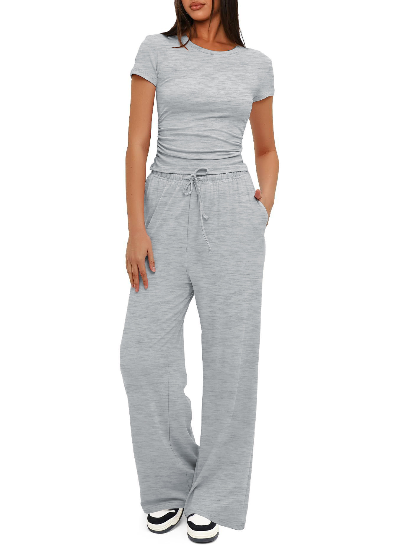 Ruched Short Sleeve Top and High-Waist Wide-Leg Pants Set