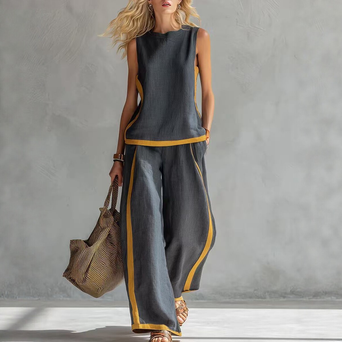 Sleeveless Color-Block Wide-Leg Pants Set Women's Summer Casual Two-Piece