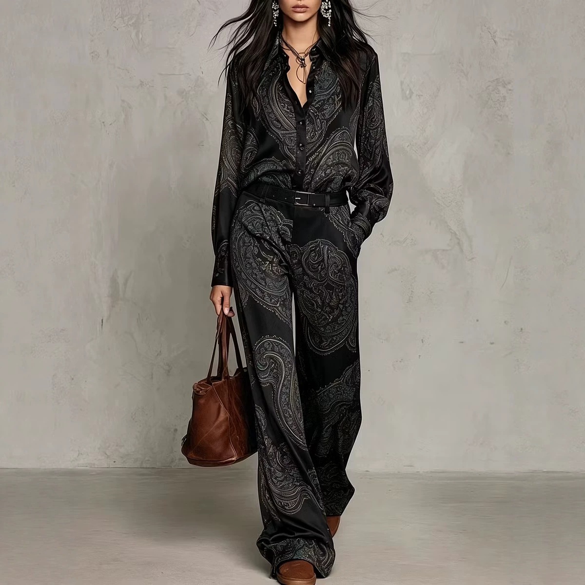 Paisley Print Long-Sleeve Shirt and Wide-Leg Pants Set