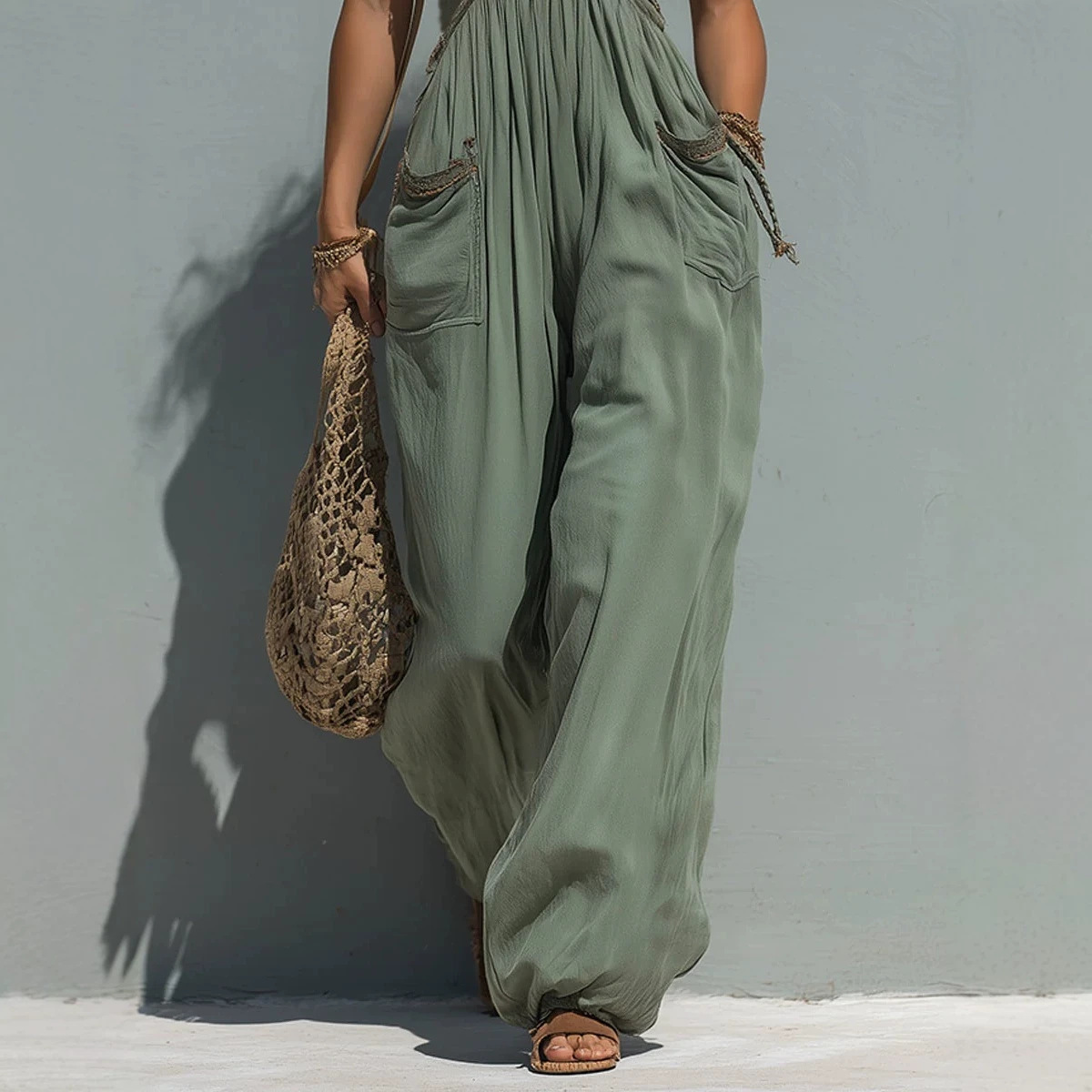 Solid Color Sleeveless Wide-Leg Jumpsuit with Lace Detail