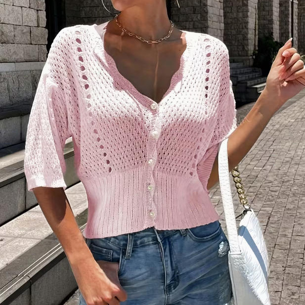 V-Neck Short Sleeve Open Knit Twist Front Casual Cardigan