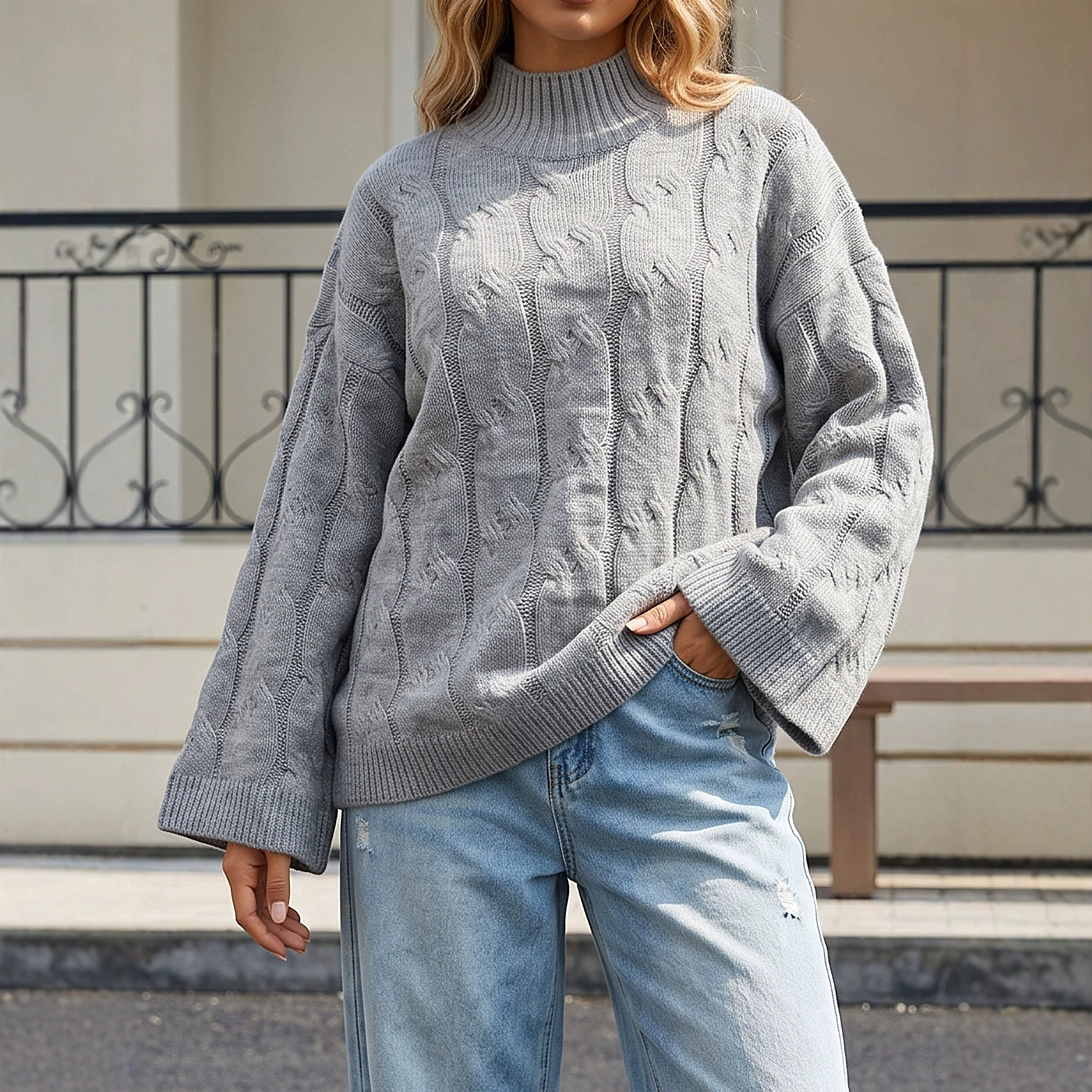 Women's Loose Fit Half Turtleneck Sweater with Flared Sleeves