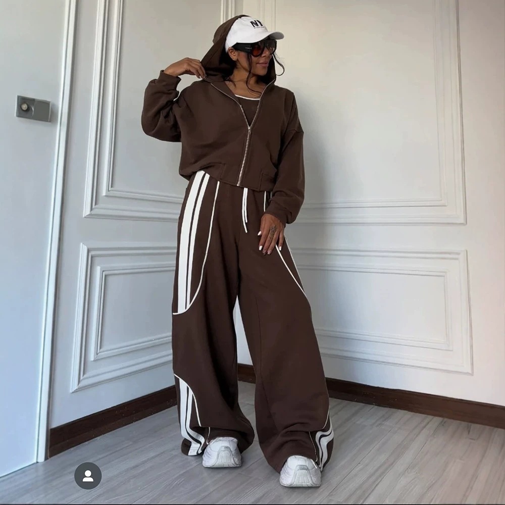 Retro Streetwear Striped Hooded Cardigan and Pants Two-Piece Set