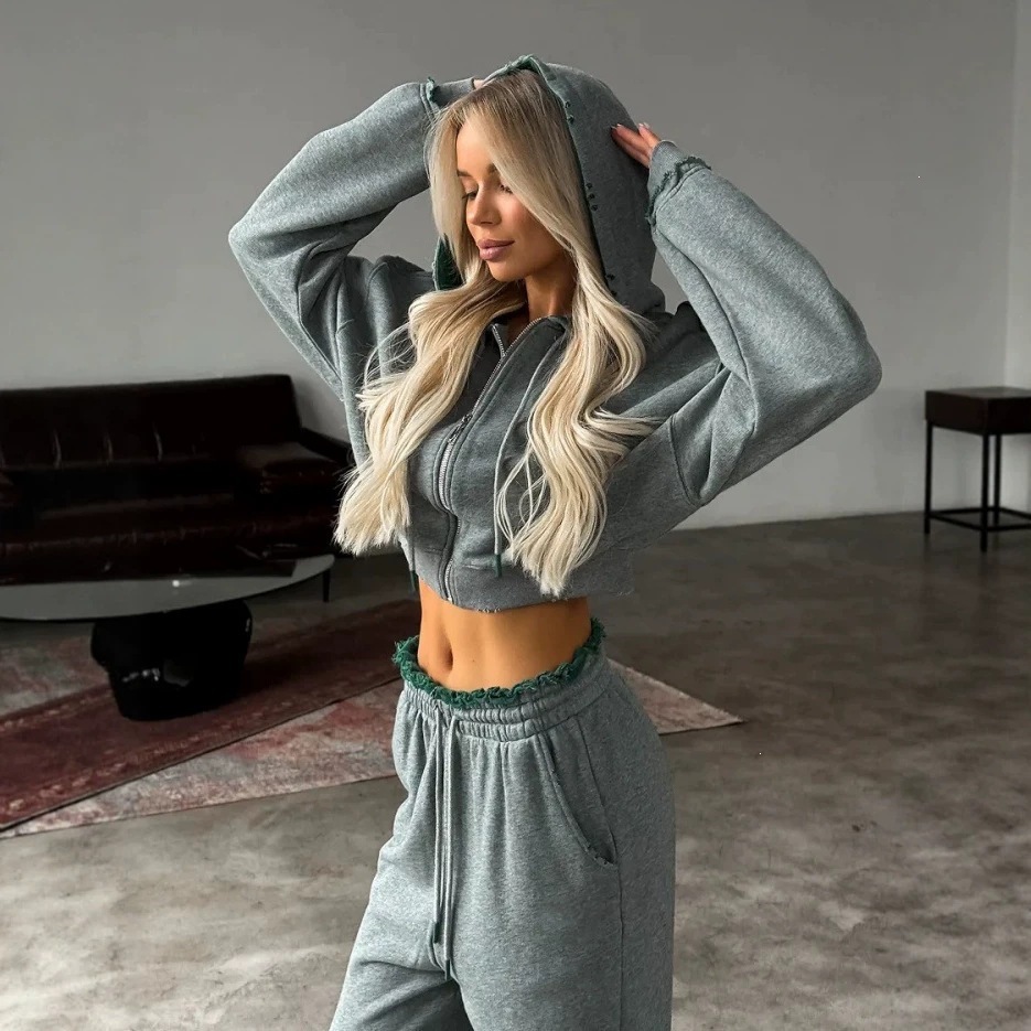 Color-Block Faux Fur Trim Long Sleeve Jacket and Tie-Waist Pants Set