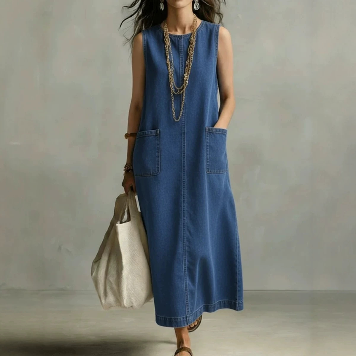 Solid Crewneck Sleeveless Pocket A-Line Midi Dress