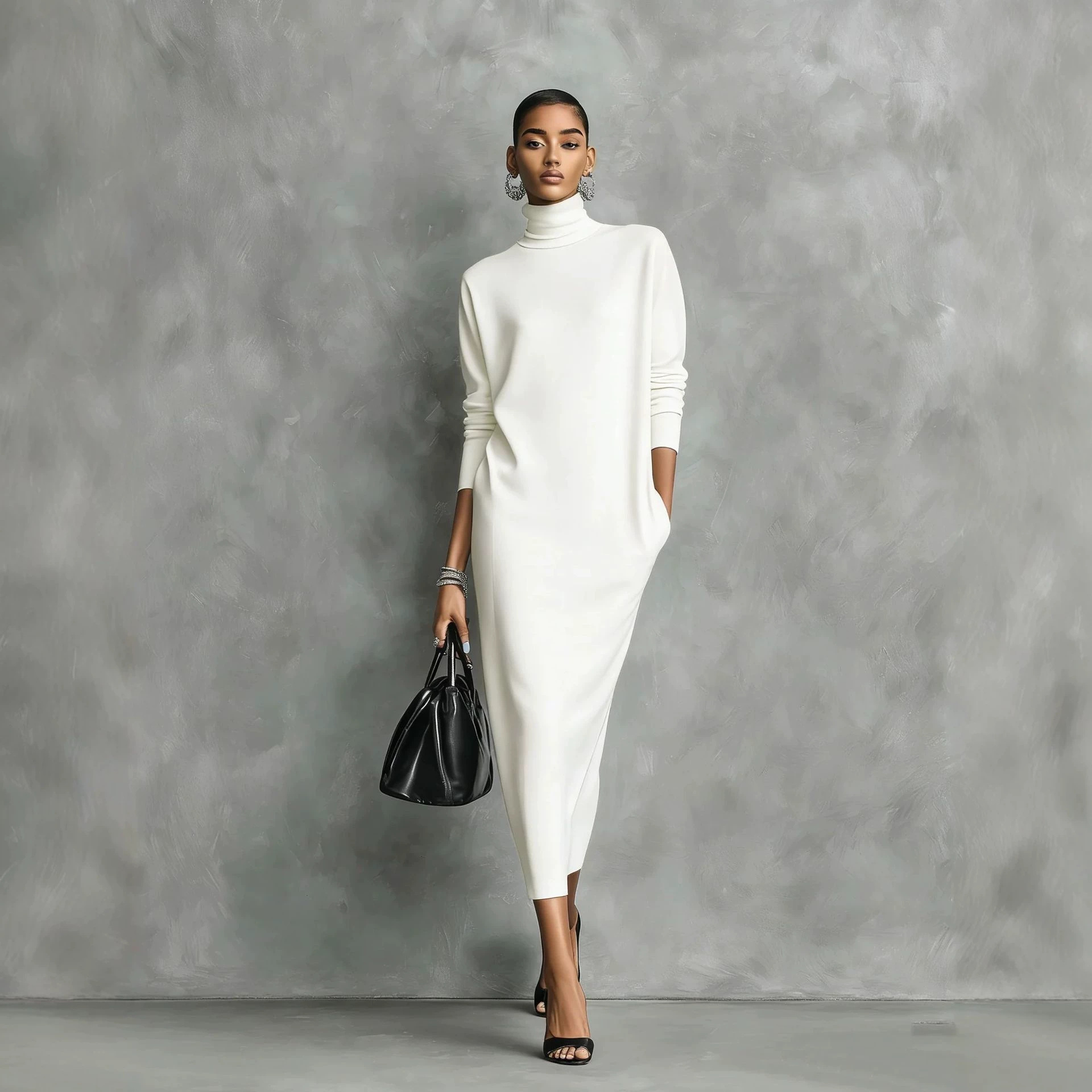 Women's High Neck Long Sleeve Loose Midi Dress