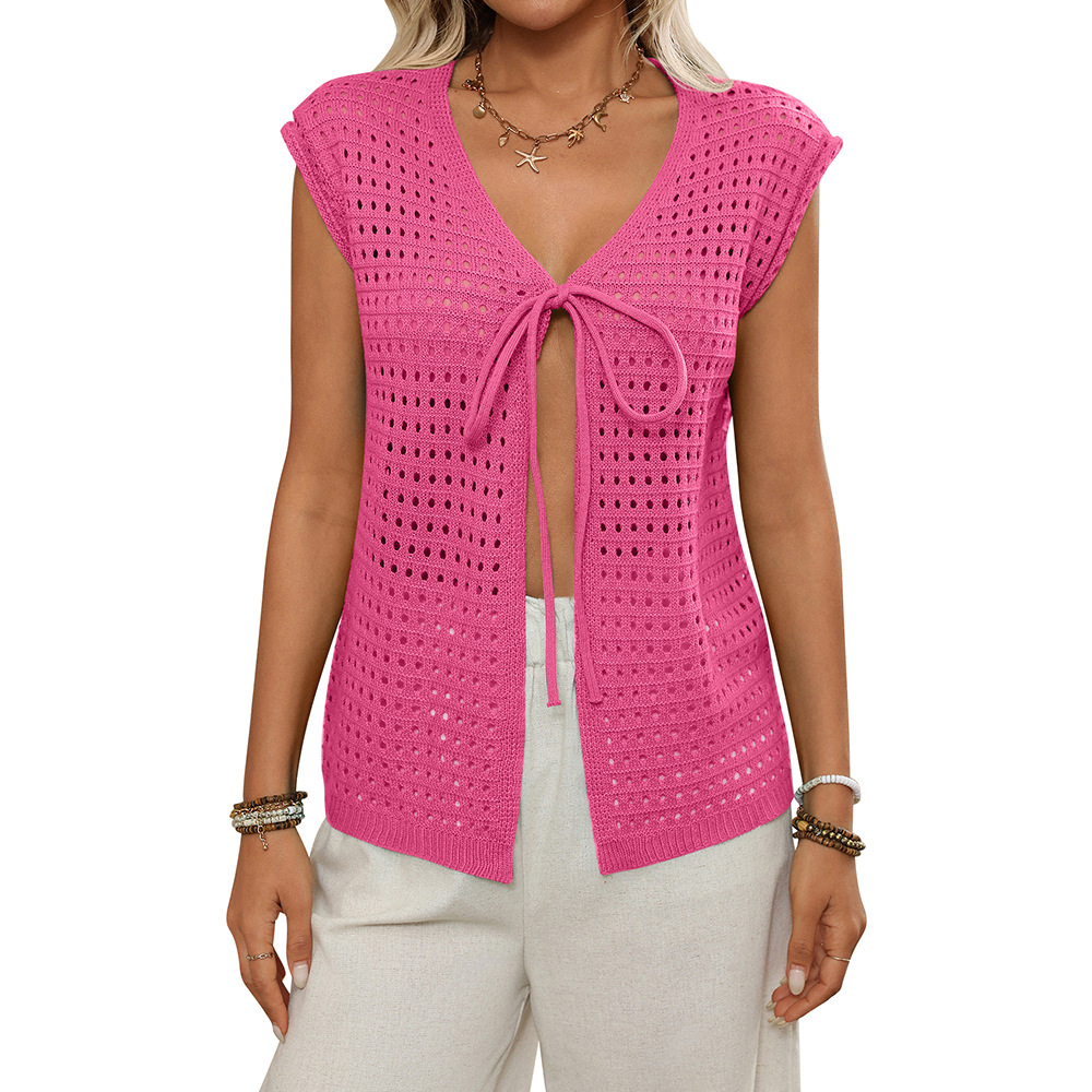 Women's Open Knit Short Sleeve Cardigan Tie-Front Hollow Out Cover-Up