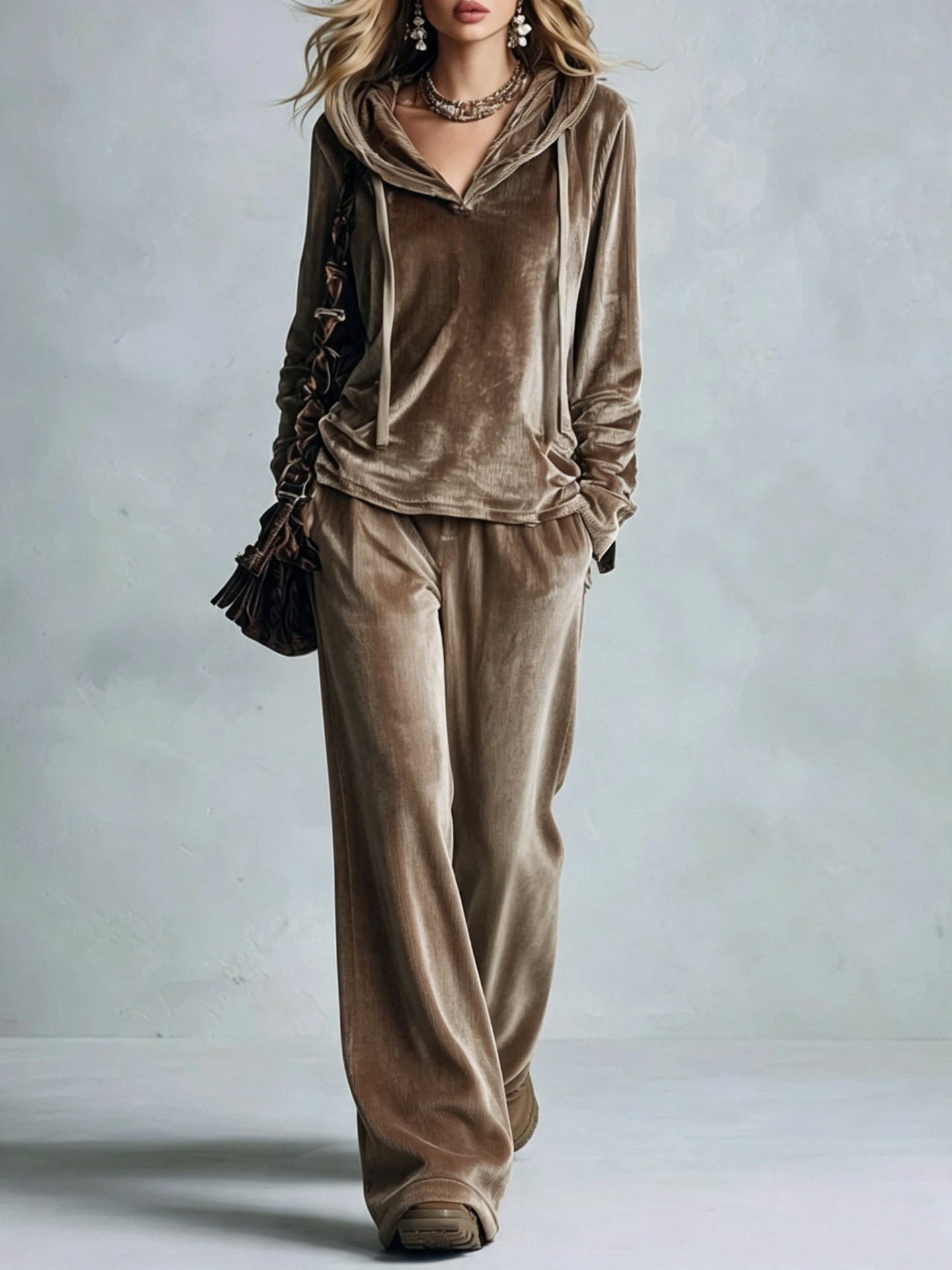 Women's Solid Korean Velvet Hoodie & Wide-Leg Pants Set