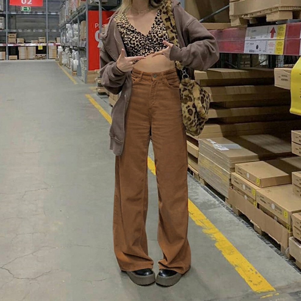 Corduroy High-Waist Straight-Leg Wide-Leg Pants