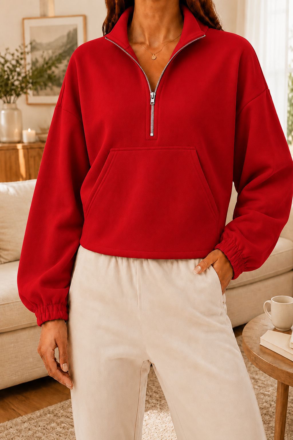 Women's Half-Zip Collared Cropped Hoodie with Kangaroo Pocket