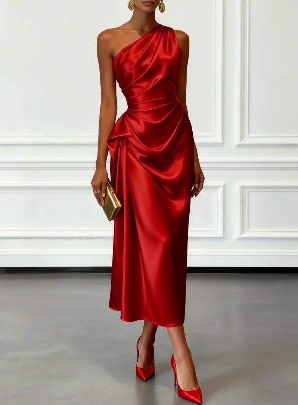Satin Ruched Waist Sleeveless Evening Dress