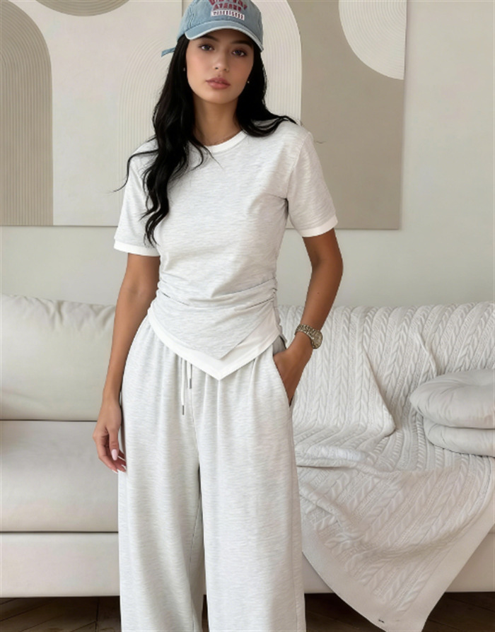 Women's Solid Color Long Sleeve Faux Two-Piece T-Shirt and Pants Set