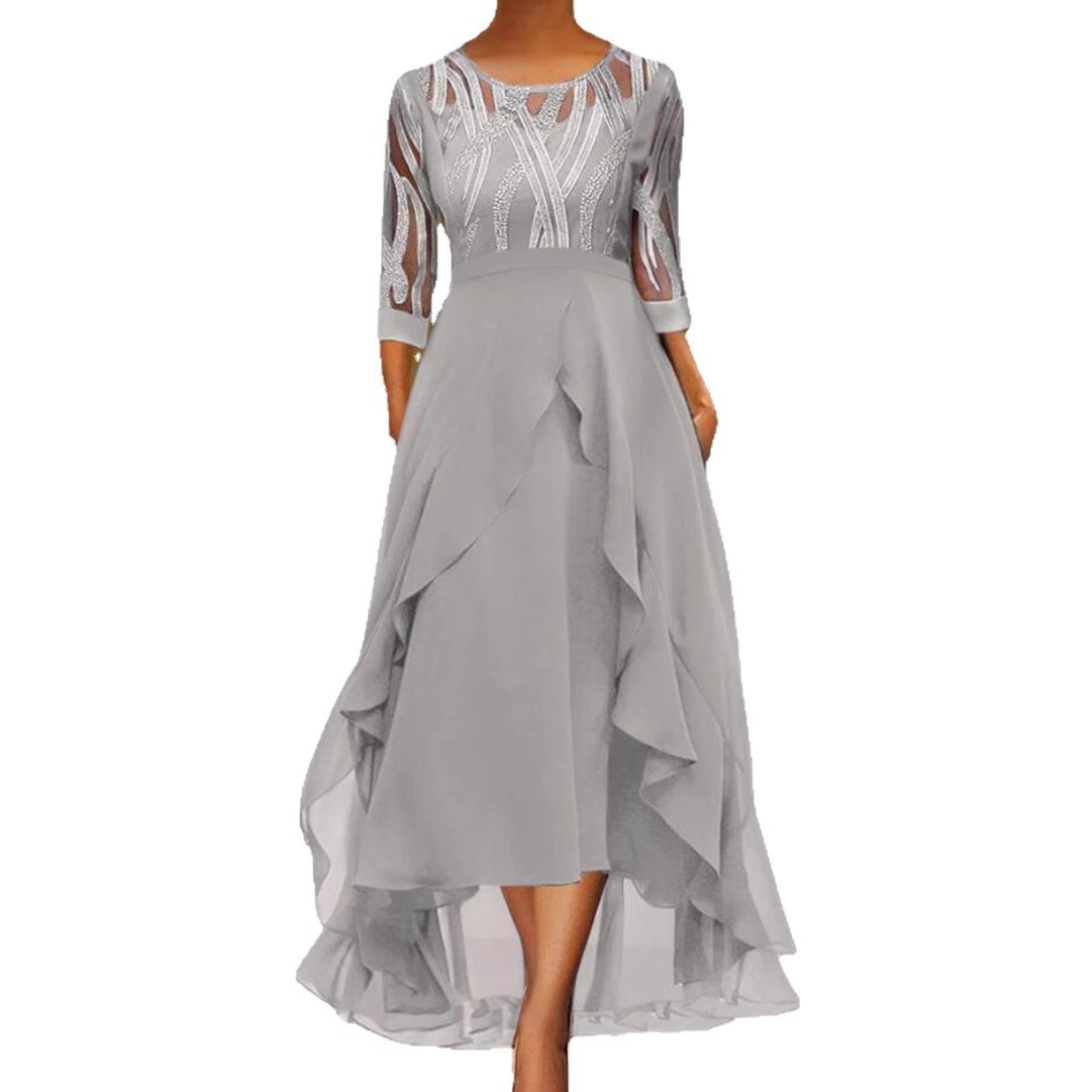 Women's Autumn Winter Midi Chiffon Dress Lace Spliced Round Neck Bridesmaid Evening Gown