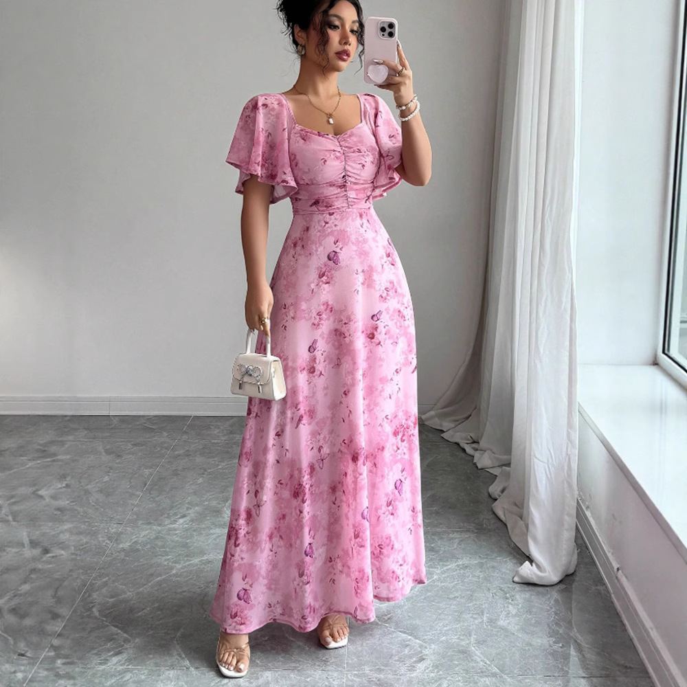 Floral Butterfly Print Ruffle Sleeve Slim Fit Midi Dress with Lining