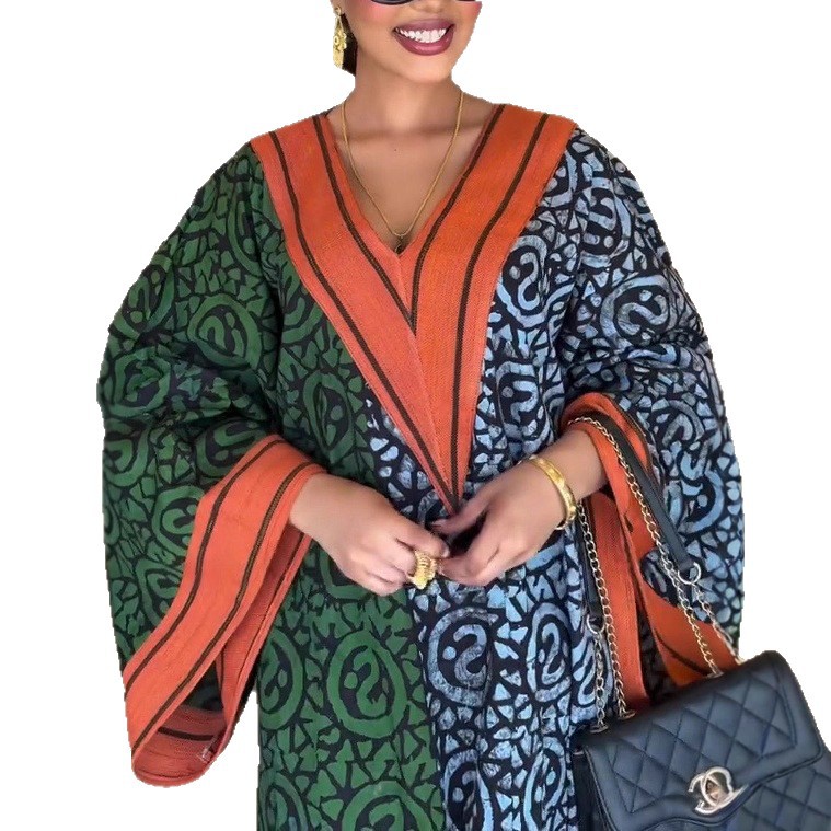 Women's V-Neck Digital Print Colorblock Long Sleeve Long Dress