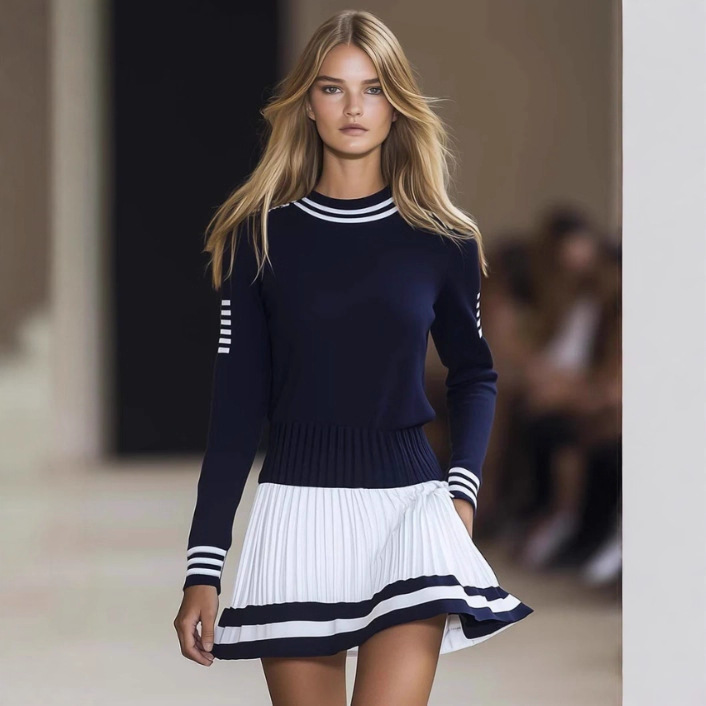 Navy and White Colorblock Crewneck Mini Dress