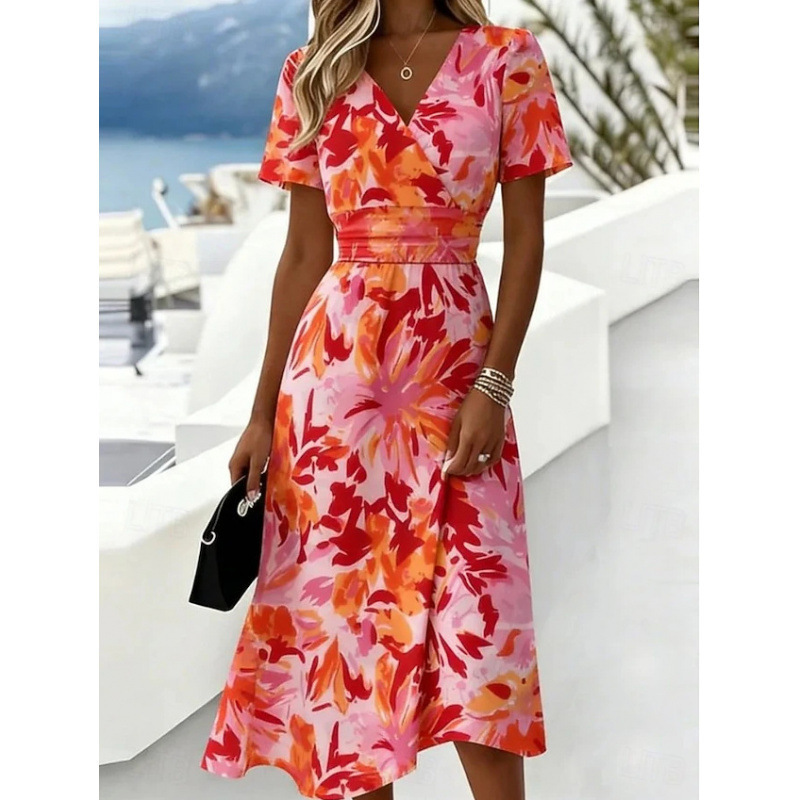 3D Vintage Floral Short Sleeve V-Neck Midi Dress with Flared Skirt