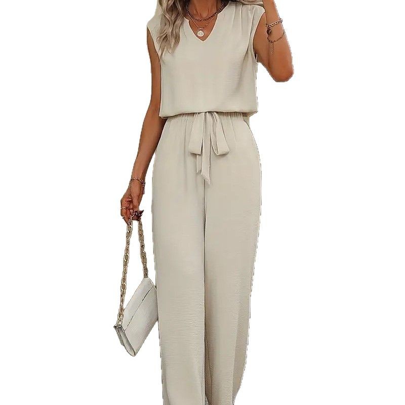 Solid Sleeveless V-Neck Loose Top and Tie-Waist Wide-Leg Pants Casual Women's Set