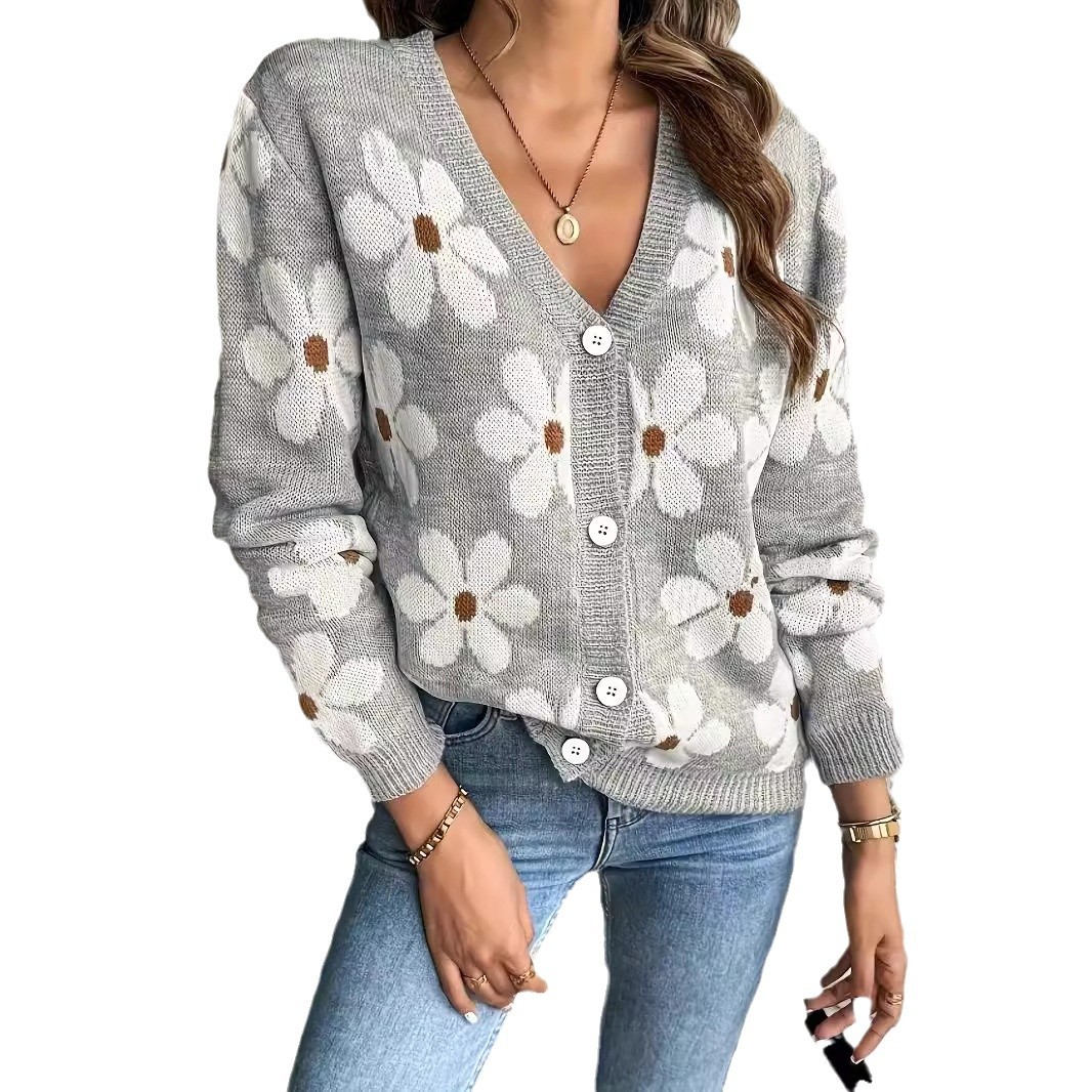 Women's Floral Knit Cardigan V-Neck Jacquard Sweater Coat