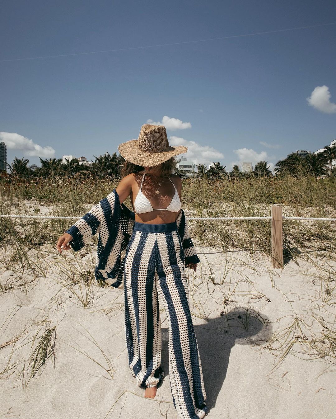 V-Neck Hollow-Out Striped Shirt and Wide-Leg Knit Pants Set