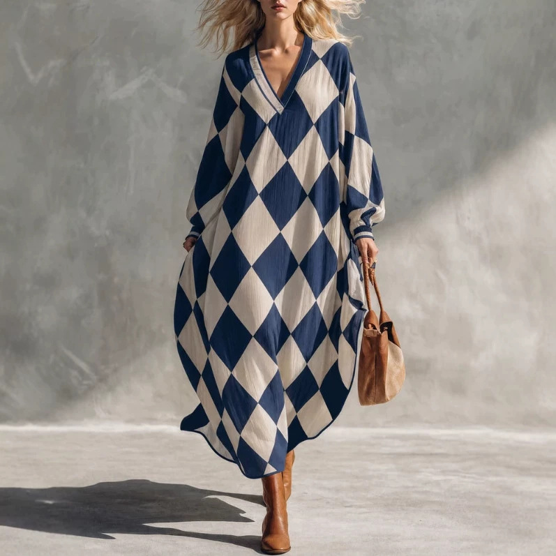 Retro Plaid V-Neck Lantern Sleeve Loose Casual Dress