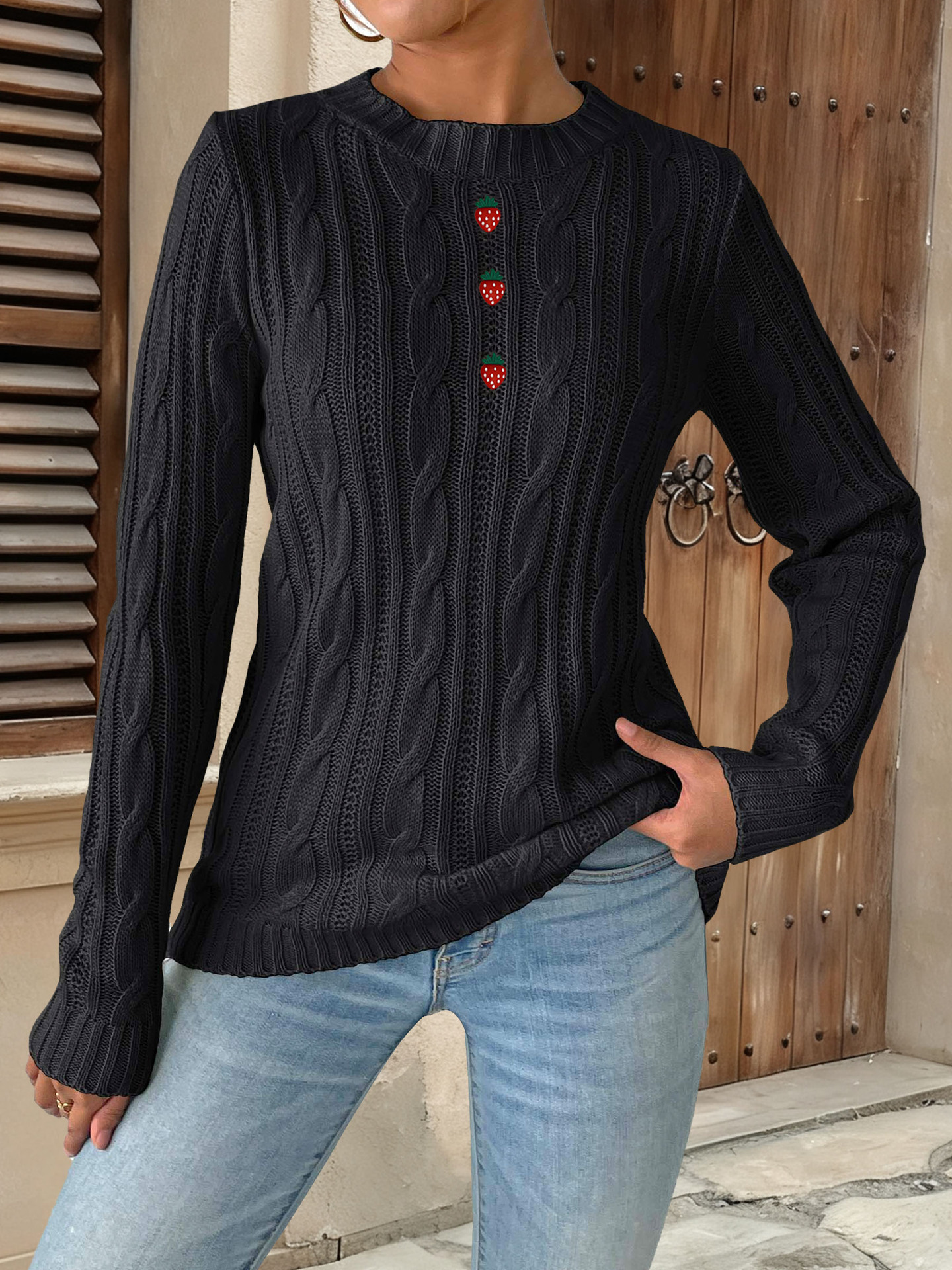Women's Strawberry Button Crewneck Pullover Knit Sweater