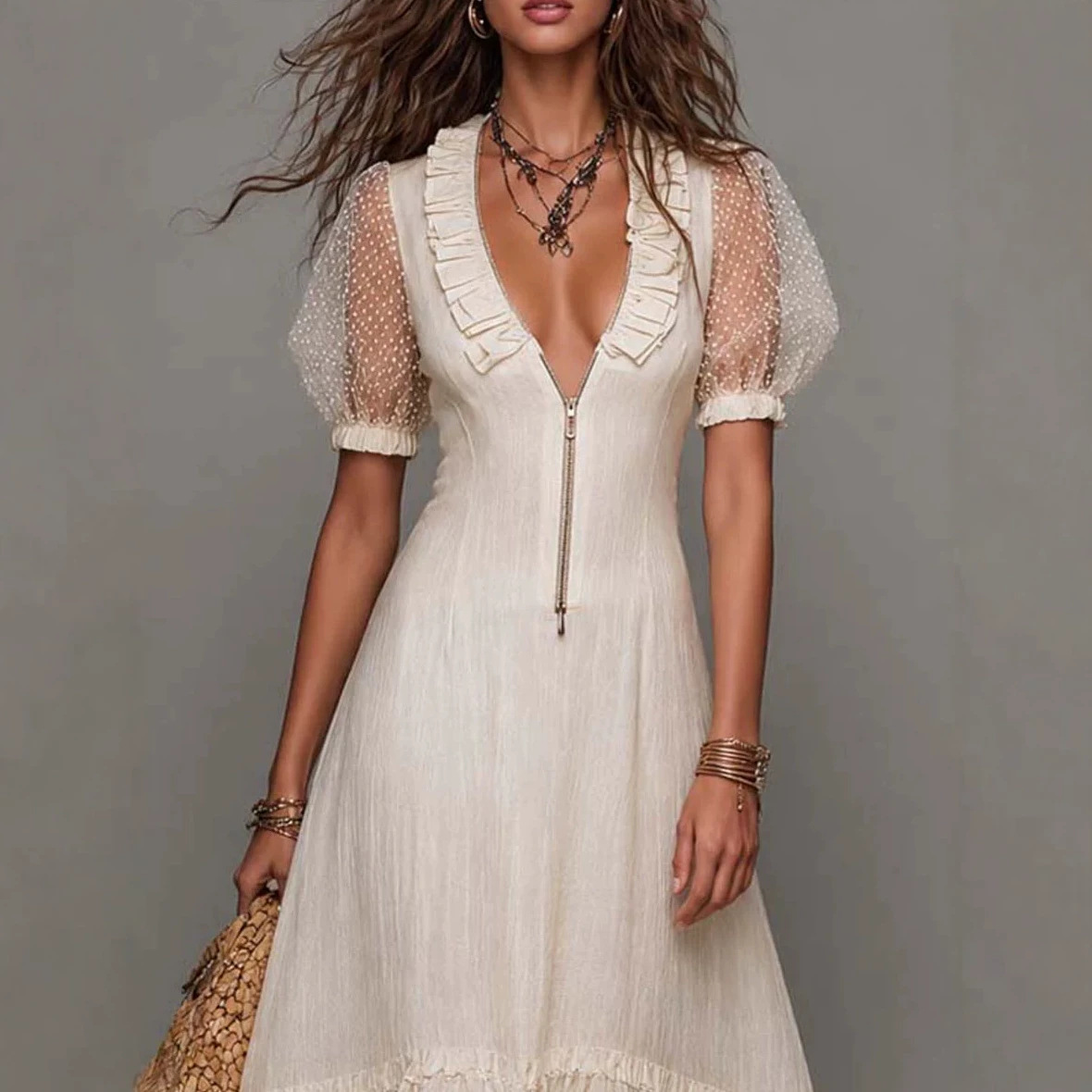 Women's V-Neck Ruffle Loose Vacation Dress