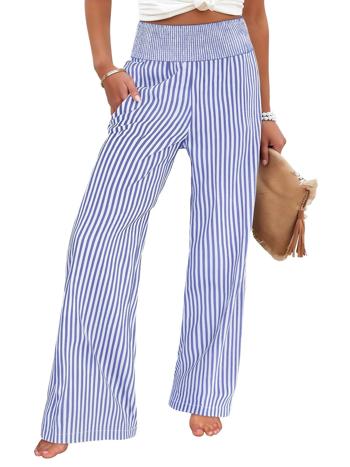 Striped Smocked Wide-Leg Pants for Women, Casual Loose Fit
