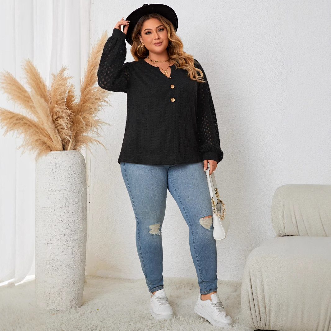 Women's Plus Size Lace-Trim Button Knit Long-Sleeve Top