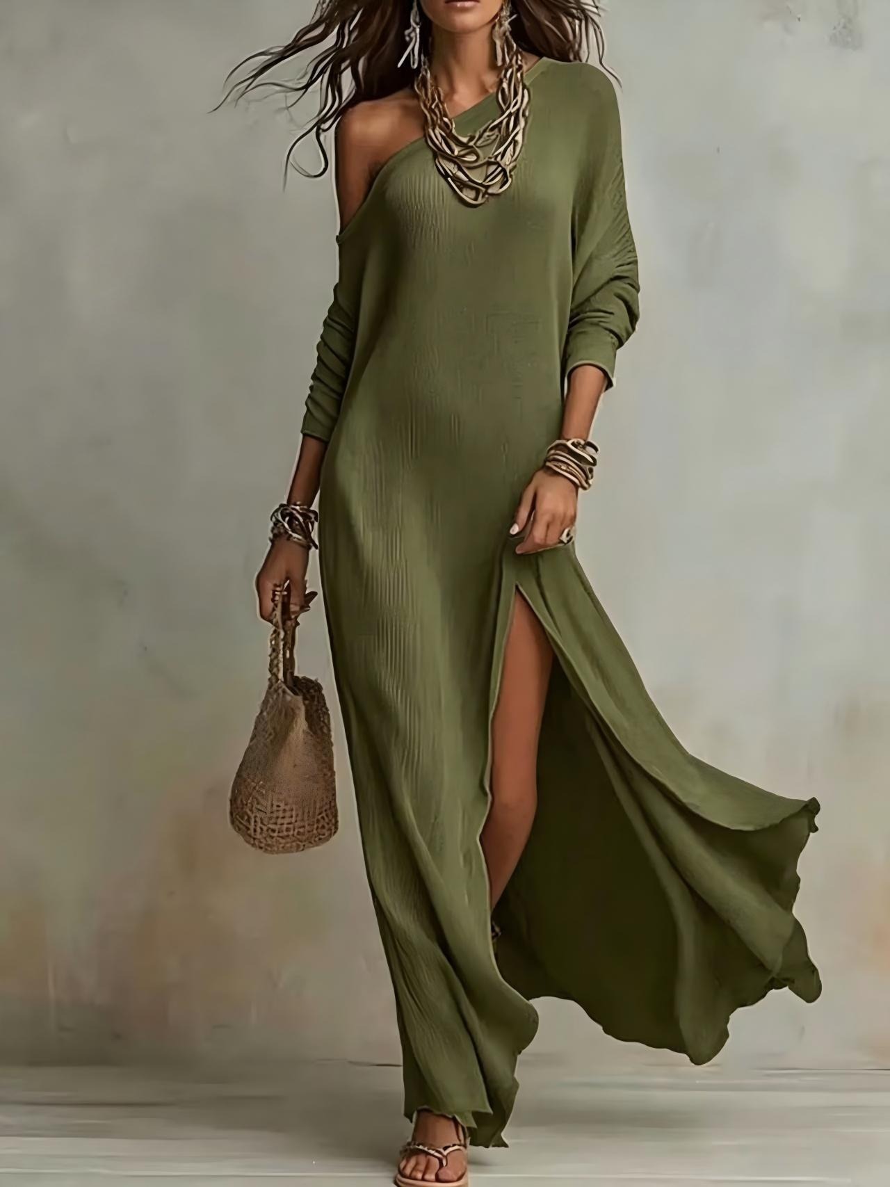 Elegant Long Sleeve Knit Pleated Slit Sweater Dress