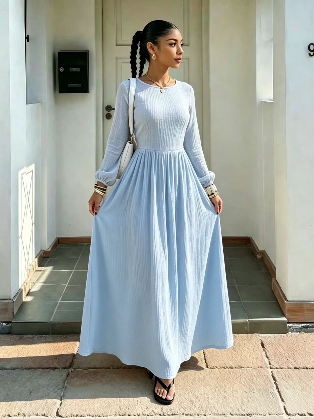 French-Style Fitted A-Line Long-Sleeve Dress with Round Neck and Cinched Waist