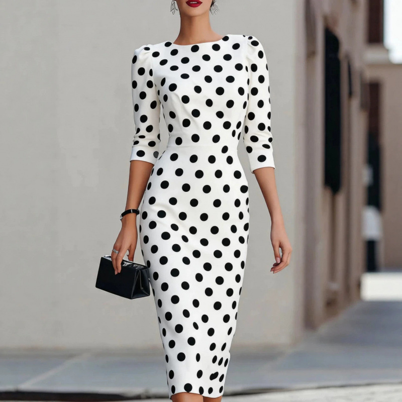 Color-Block Polka Dot Waist-Cinching Slim Fit Midi Dress
