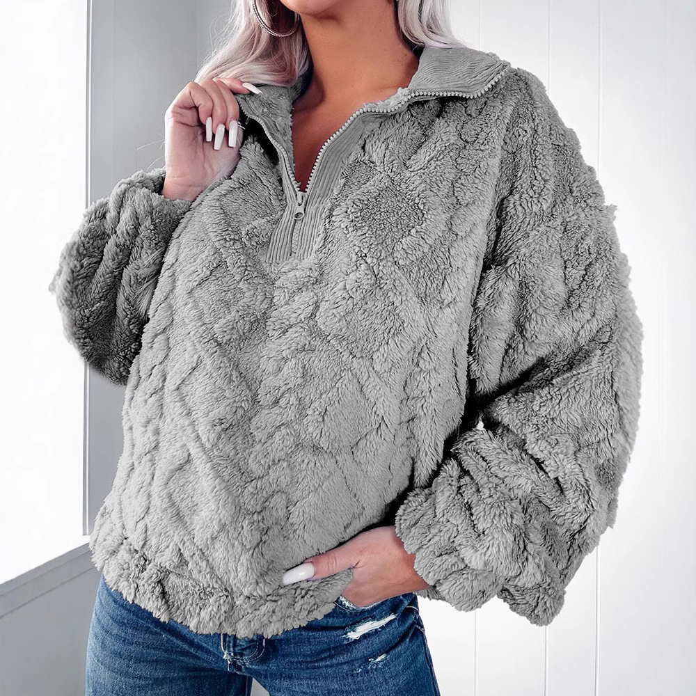Women's Solid Color Fuzzy Pullover Top with Lantern Sleeves