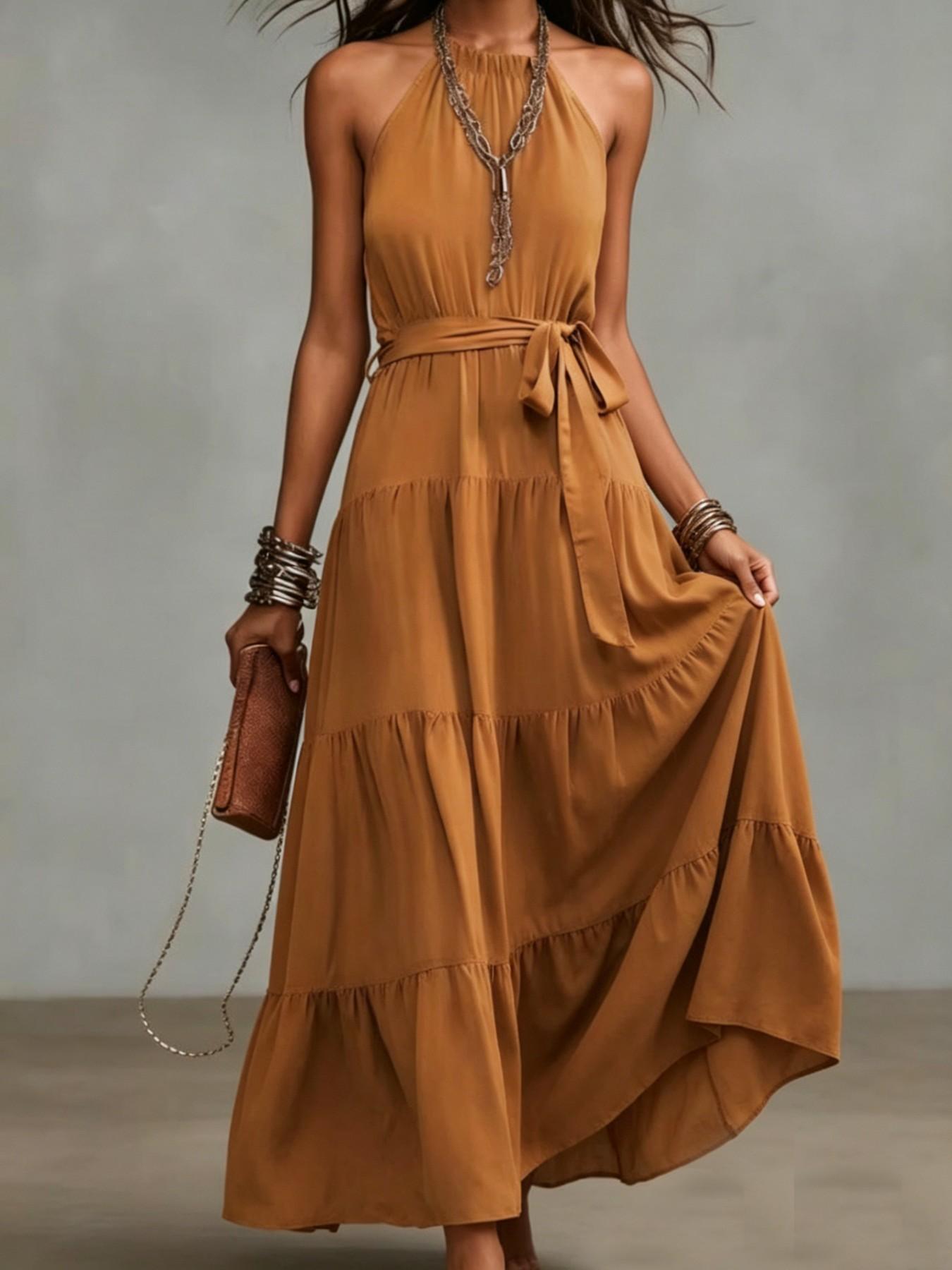 Women's Open-Back Tie-Waist A-Line Long Dress