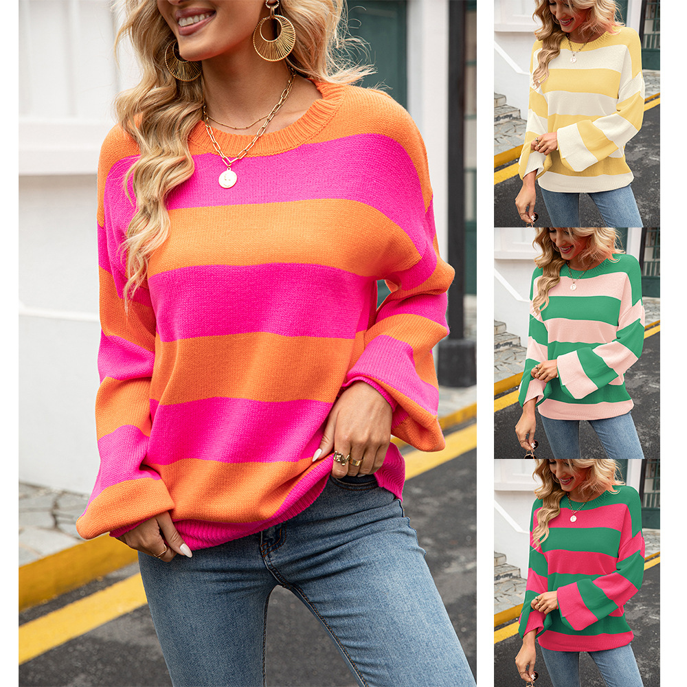 Striped Color-Block Crewneck Pullover Sweater Oversized Casual Knit Top