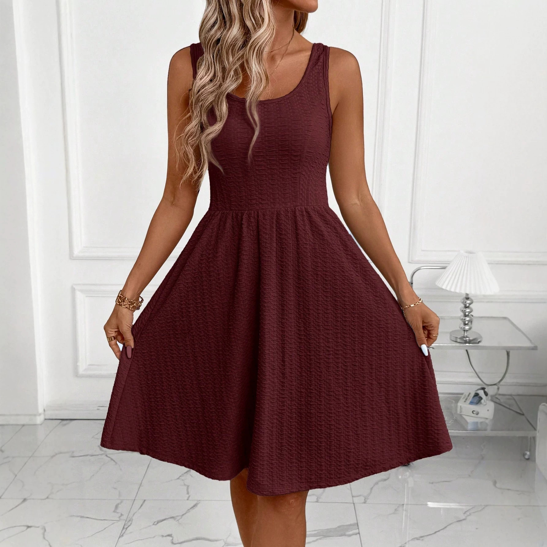Women's Sleeveless A-Line Midi Dress with Cinched Waist